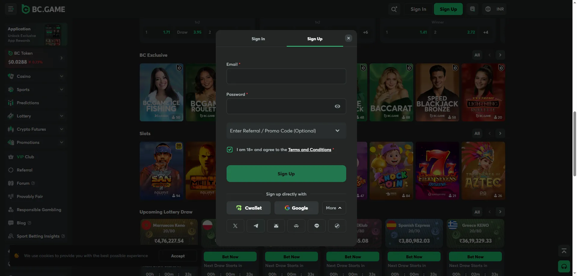 BCGame Casino sign up form — basic account information step